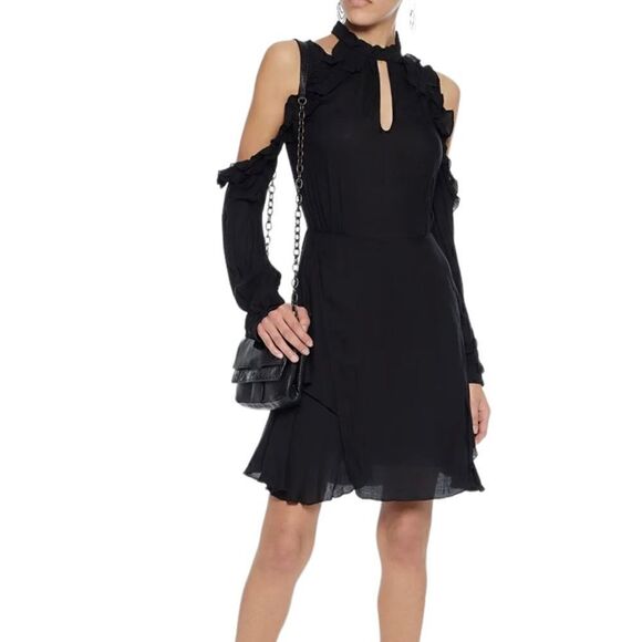 Iro Hanie Black Cold Shoulder Ruffle Mini Dress Size 8